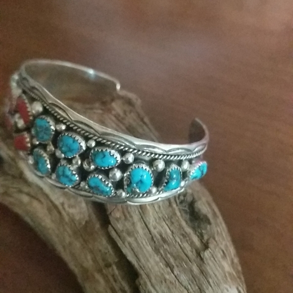 Native American Turquoise & Coral Stamped Cuff - Picture 6 of 10